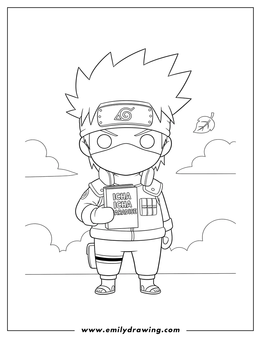 Printable coloring page of kawaii Kakashi, wearing his ninja headband and mask, standing and holding an Icha Icha book