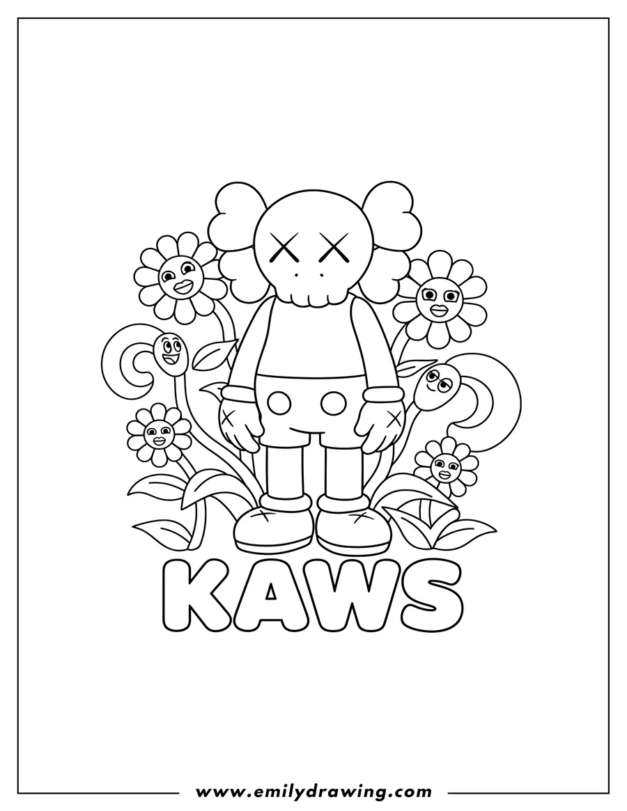 Doodle style coloring picture of kaws Companion with XX eyes and X-marked hands, surrounded by Kaws-style expressive flowers, with KAWS lettering
