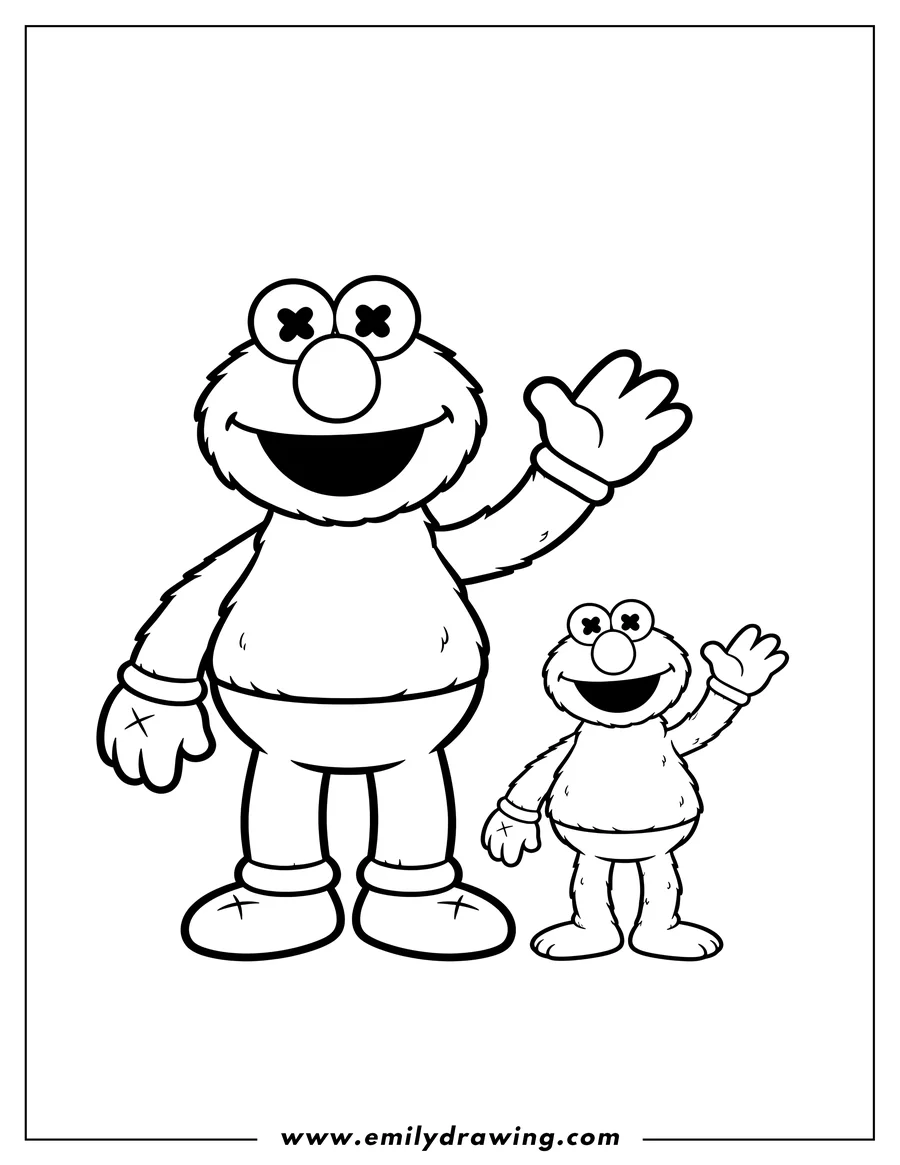 Coloring sheet featuring kaws Elmo standing next to a smaller Elmo waving, both having X's for eyes