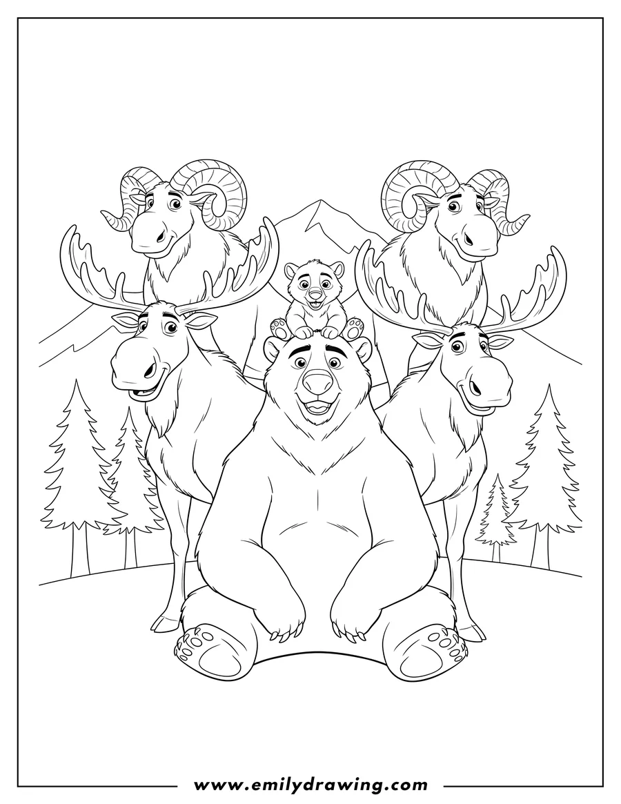 Black and white line art of kenai sitting with Koda on his head, Rutt, Tuke, and two rams from Brother Bear