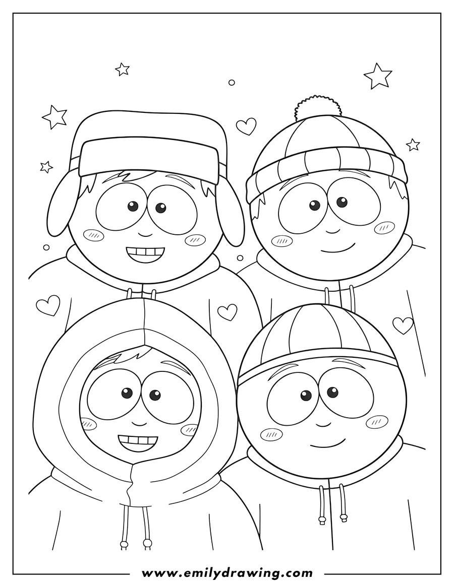 Free printable coloring sheet of kawaii Kenny Kyle Eric And Stan smiling, faces close-up