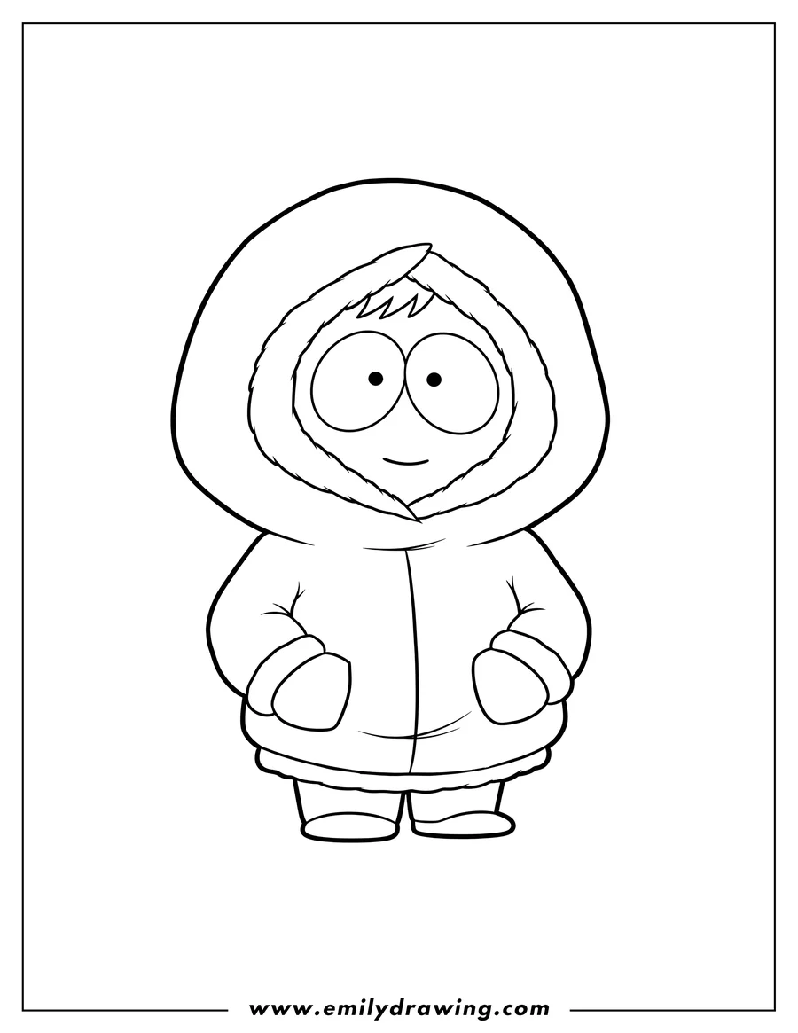 Simple sketch of kawaii Kenny Mccormick in his hooded parka to color