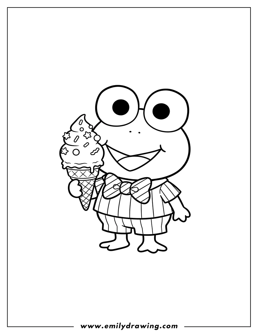 Free to print drawing of kawaii Keroppi wearing a bow tie and striped outfit, eating an ice cream cone with sprinkles. Preschoolers