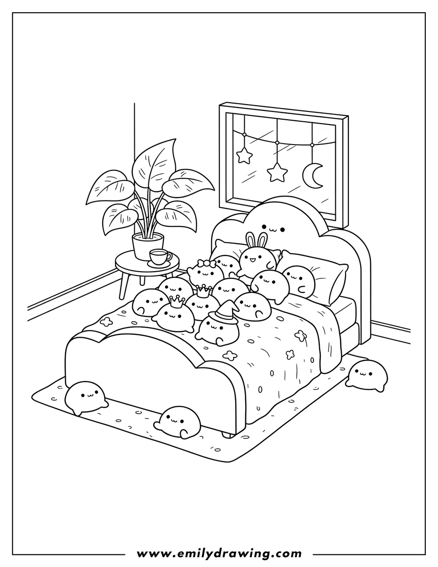 Downloadable coloring page of kawaii Kid's Bedroom with many cute blob characters snuggled on a bed