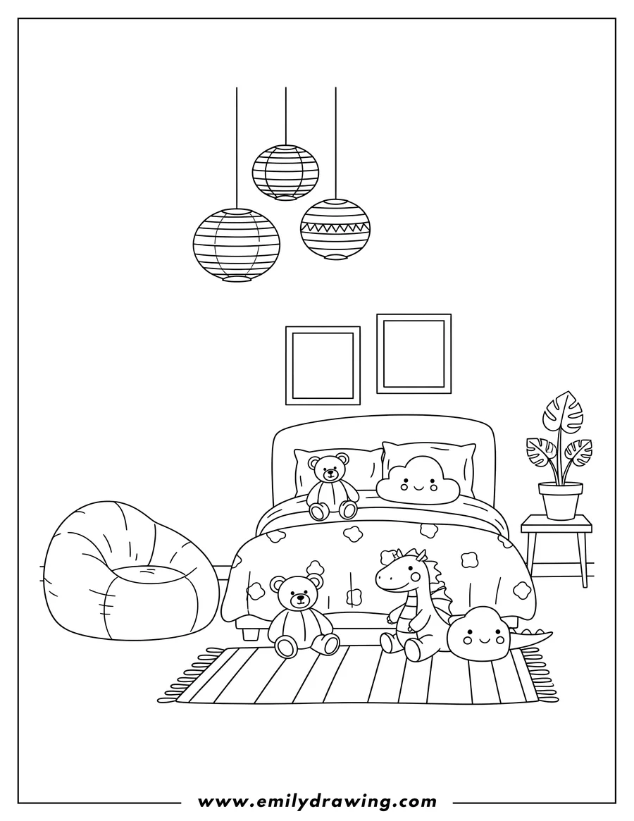 Outline drawing of kid's Bedroom with a bed, bean bag, stuffed toys, paintings, and hanging lanterns