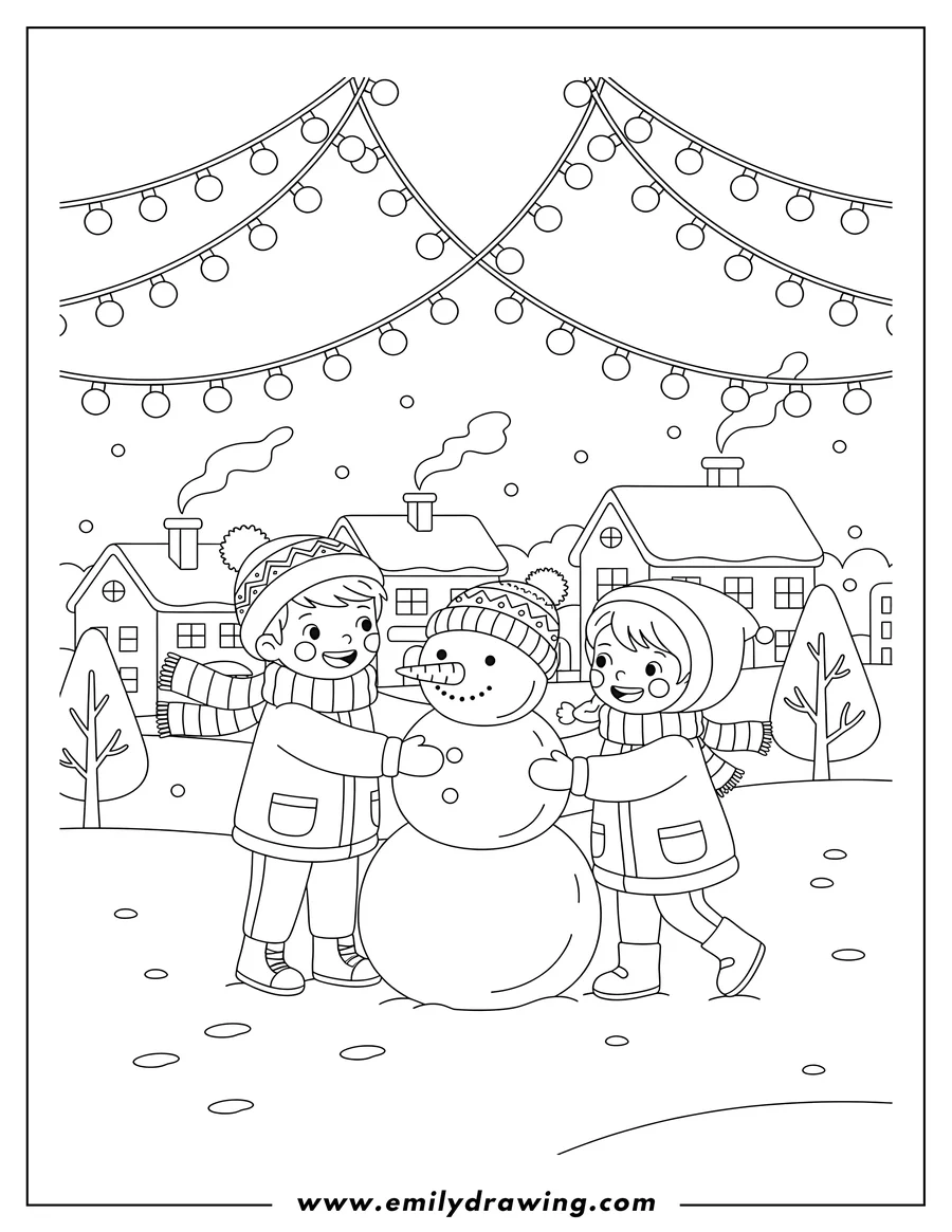PDF style coloring page: christmas Lights Hanging Over Winter Town While a boy and a girl build a snowman with a knit hat and carrot nose