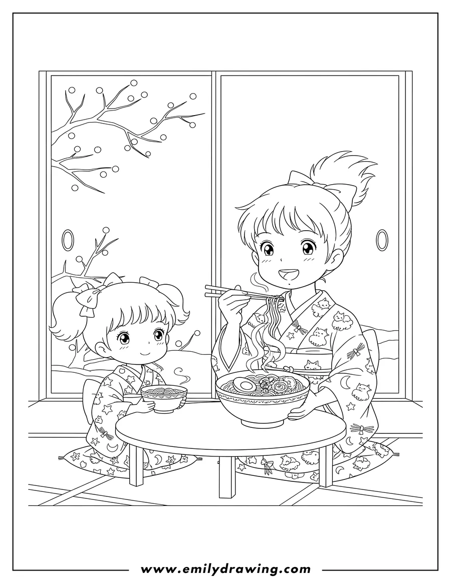 Full page coloring image of kiki Eating Ramen with Chopsticks Beside Lala, both wearing kimonos