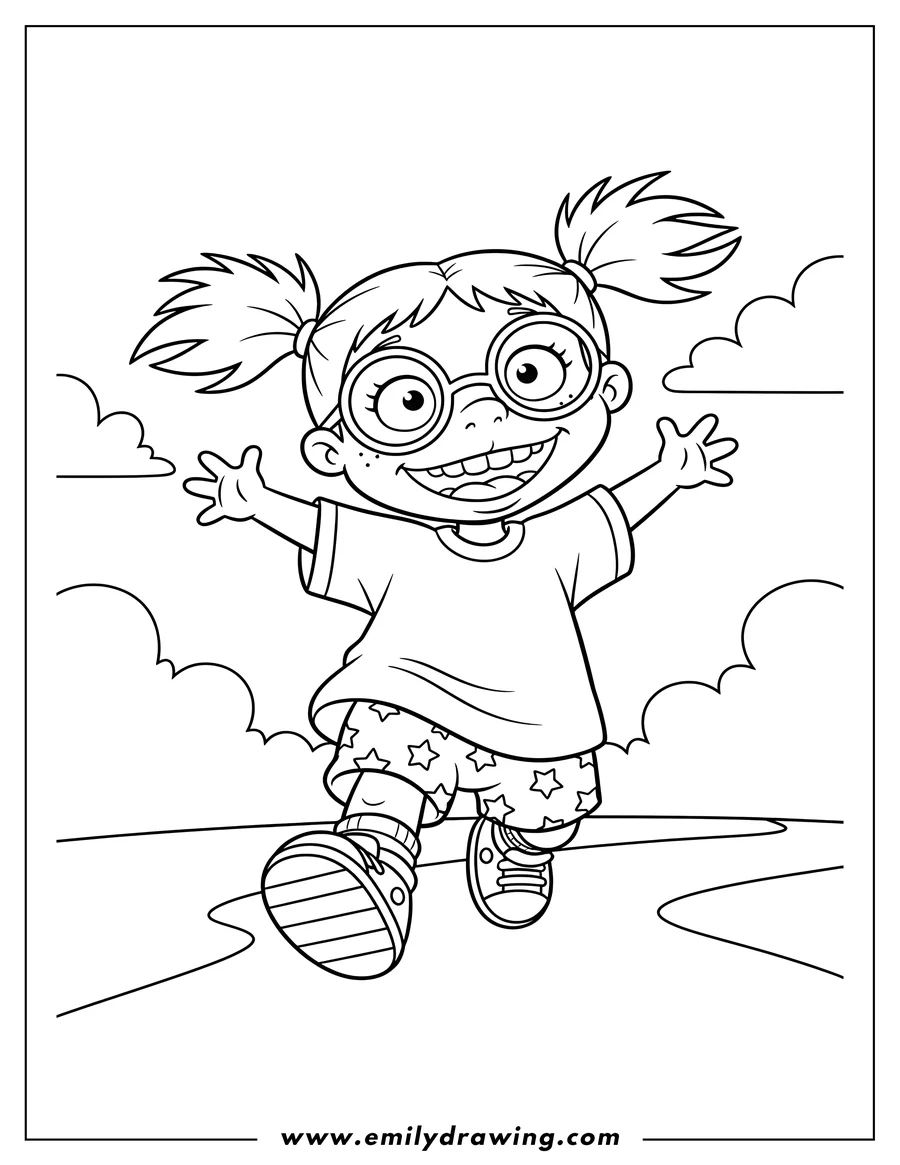 Free to print drawing of kawaii Kimi Finster happily running with arms outstretched and a wide grin