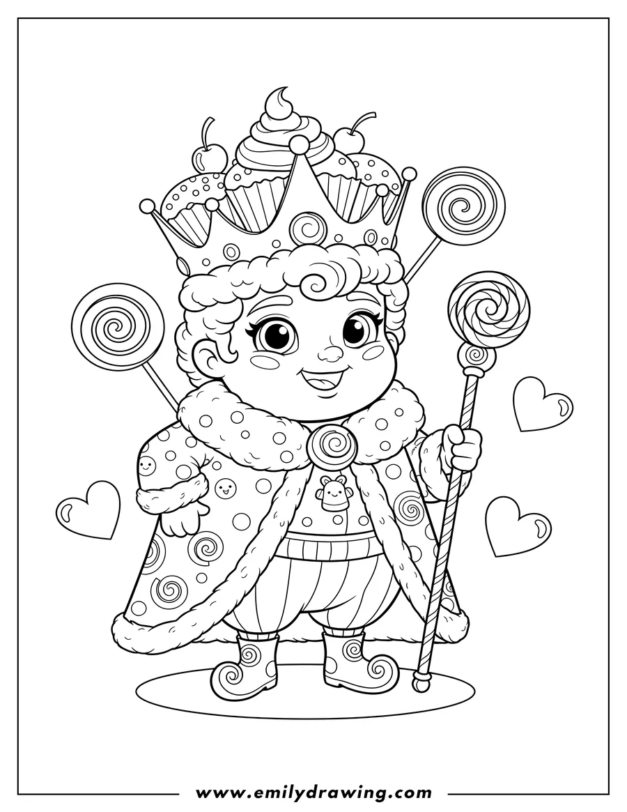 PDF style coloring page: kawaii King Kandy holding a staff and wearing a cupcake crown