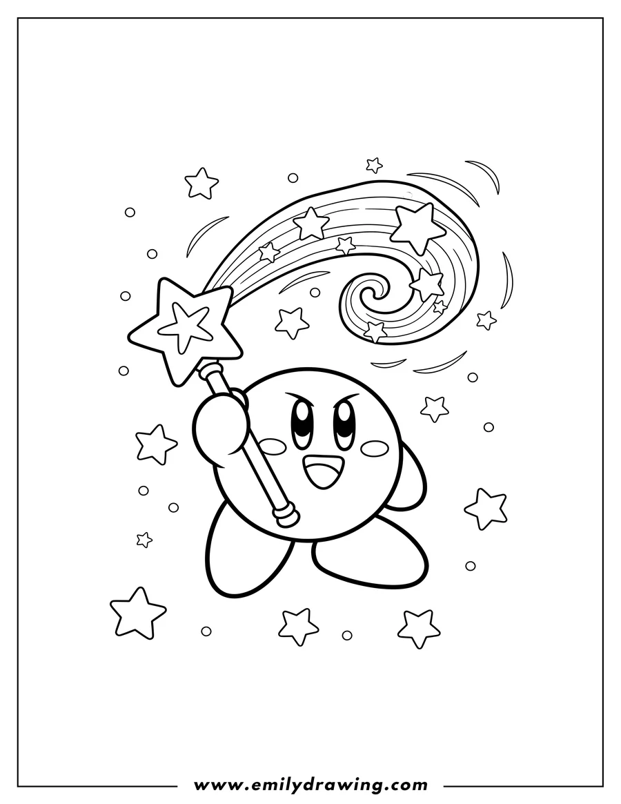 Vector style outline of kirby Video Games: Kirby holding a star wand with a flowing trail