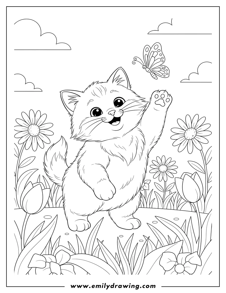 Free printable coloring sheet of furry Kitten smiling, reaching up with its paw to a Butterfly in a Garden