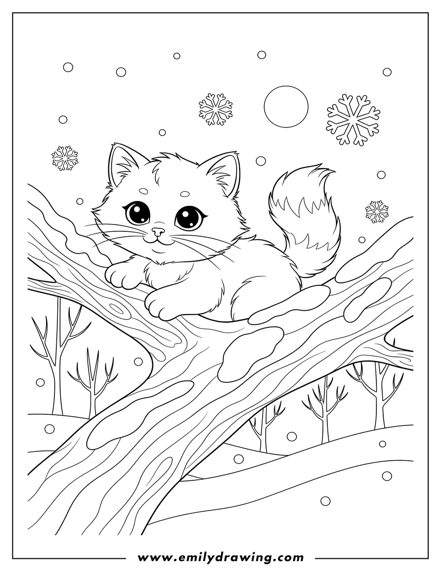 Coloring page of cute kitten holding onto a tree branch in winter