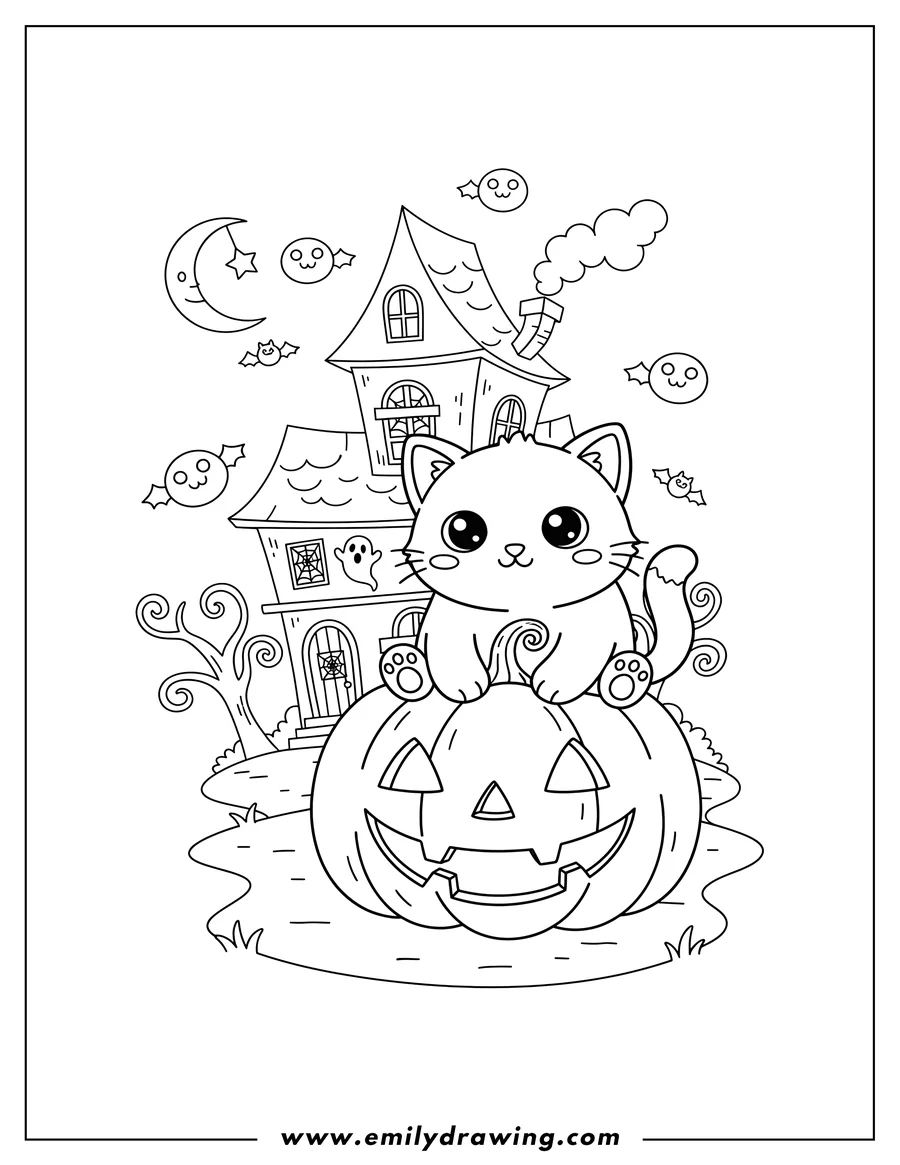 Coloring page of kawaii Kitten sitting on Jack O Lantern in front of Haunted House