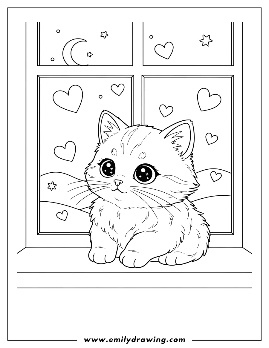 Black and white line art of kitten With Starry Eyes Staring Out Window with Paws on Sill and Floating Hearts