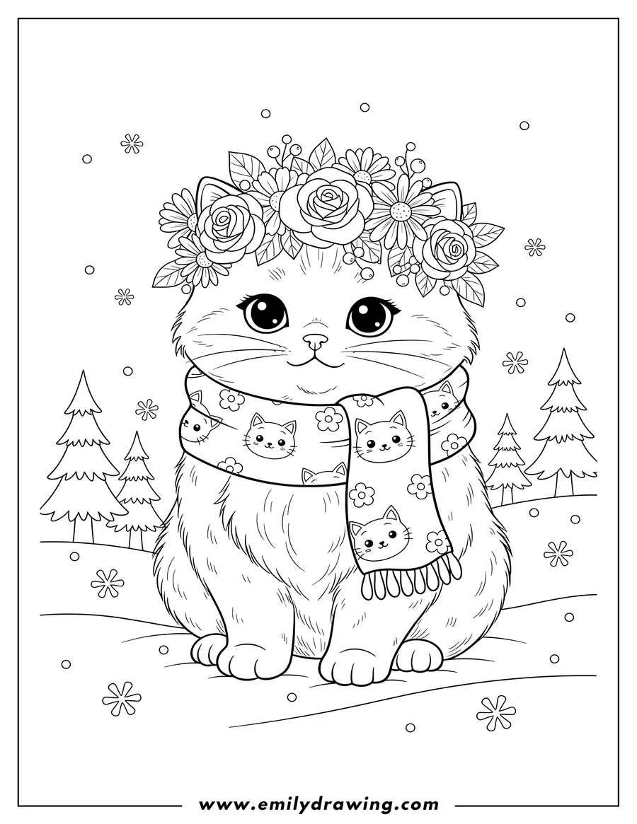 Simple sketch of pretty sitting Kitten with flowers on its head, wearing a scarf adorned with tiny kitten faces and flowers, in winter to color