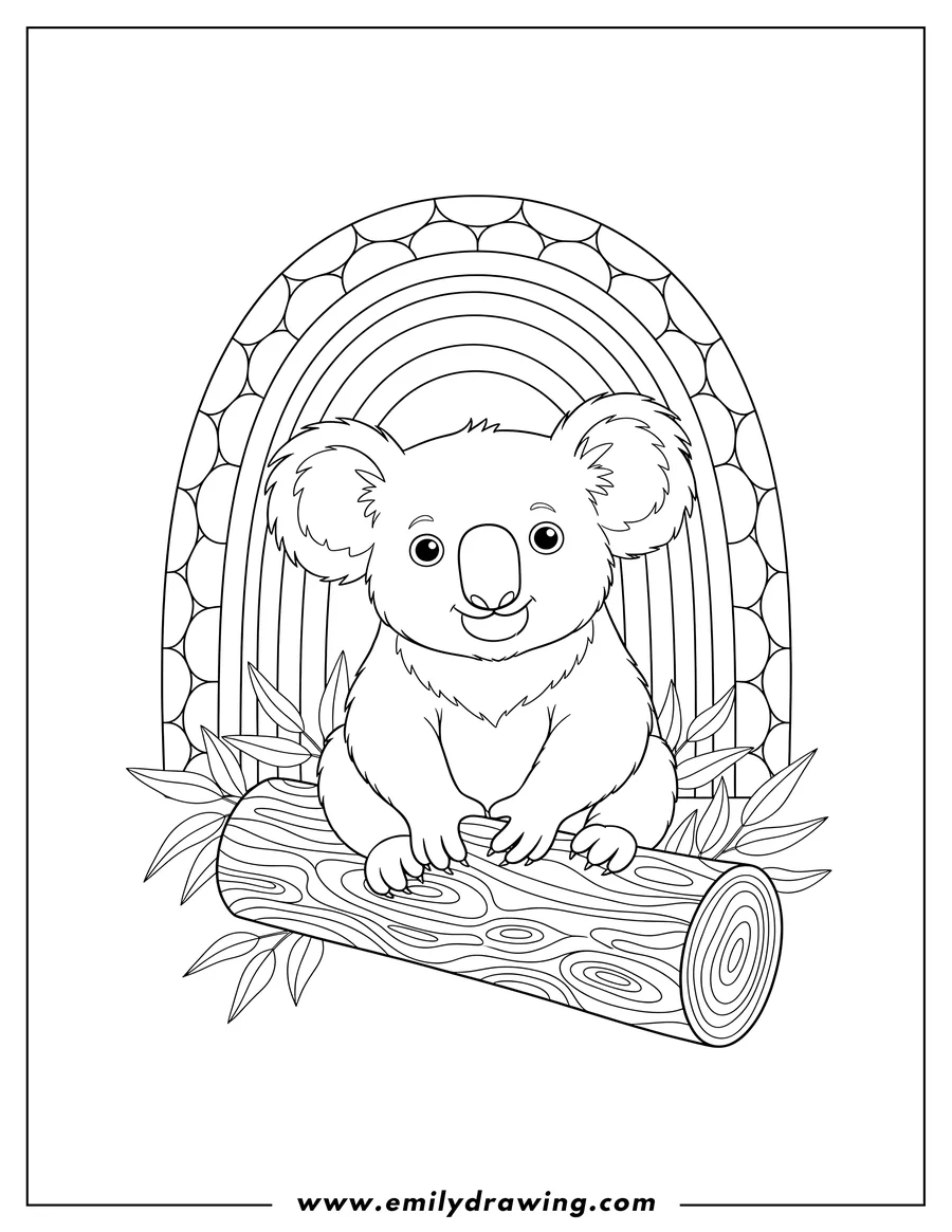 Free to print drawing of koala Bear sitting and holding a log, with rainbow scaled