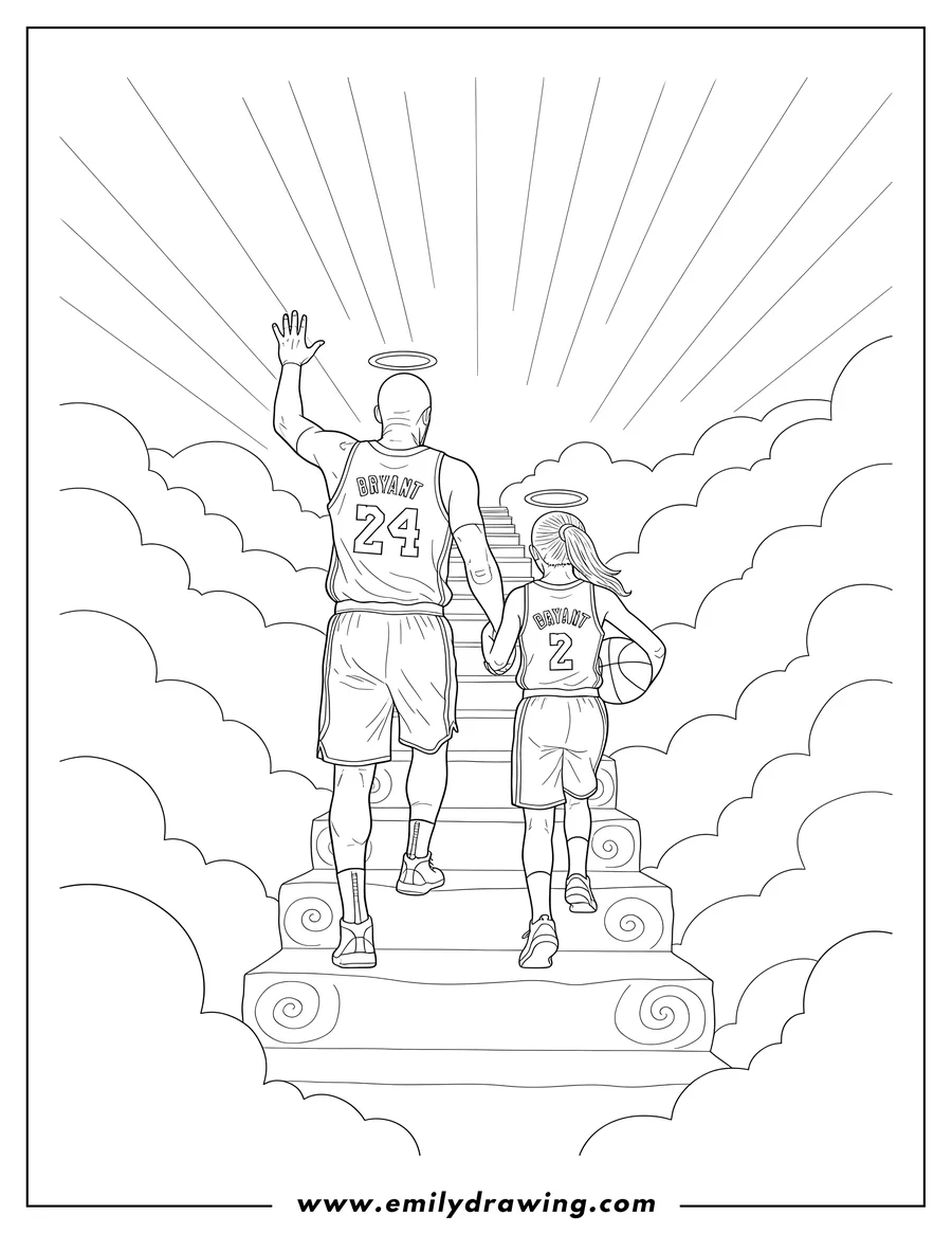 Linear illustration of kobe And Gianna Bryant Walking Stairway To Heaven With Halos, wearing basketball jerseys, Kobe with his arm raised, and Gianna holding a basketball