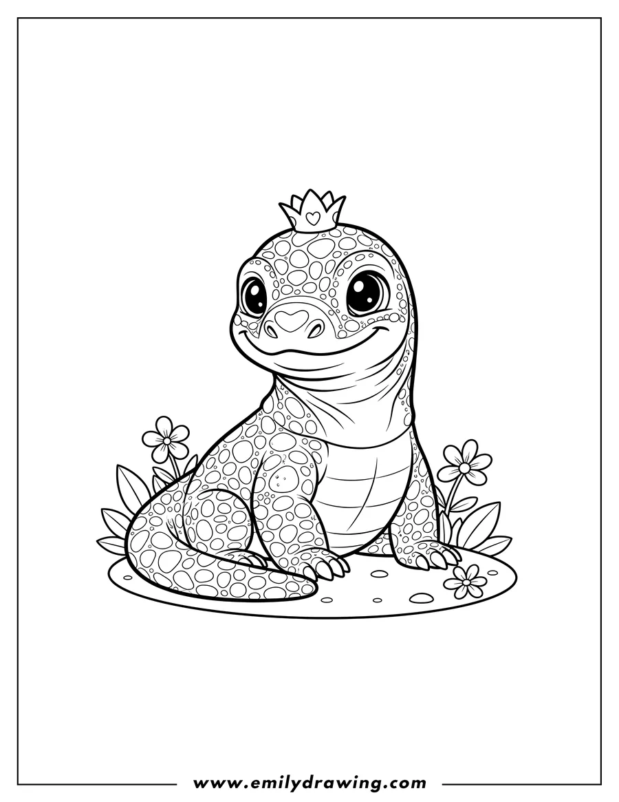 Vector style outline of kawaii Komodo Dragon sitting and smiling