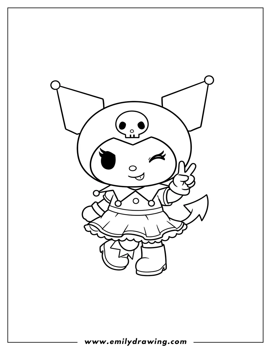 Coloring page of kawaii Kuromi posing with a skull on her hat