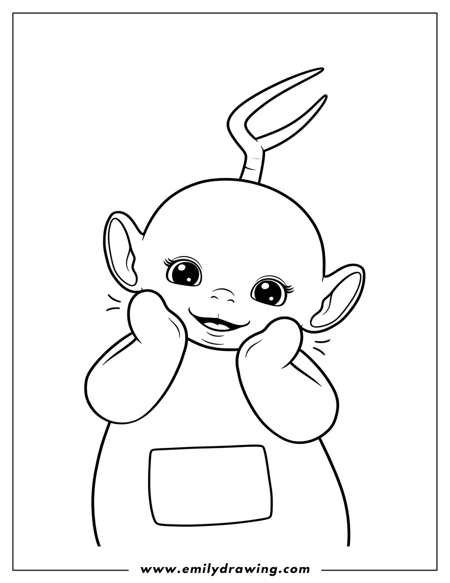 Linear illustration of kawaii Laa Laa smiling with hands in a cute pose