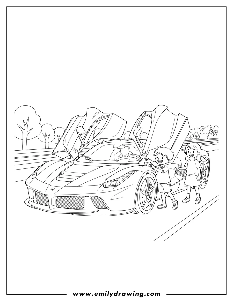 Doodle style coloring picture of laferrari Race Car To Color Scaled with open doors
