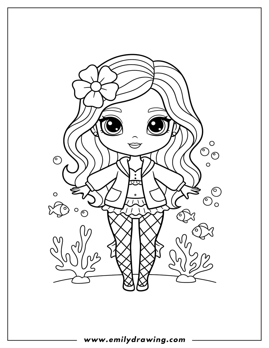 Doodle style coloring picture of kawaii Lagoona Blue standing, wearing fishnet stockings and a flower in her hair