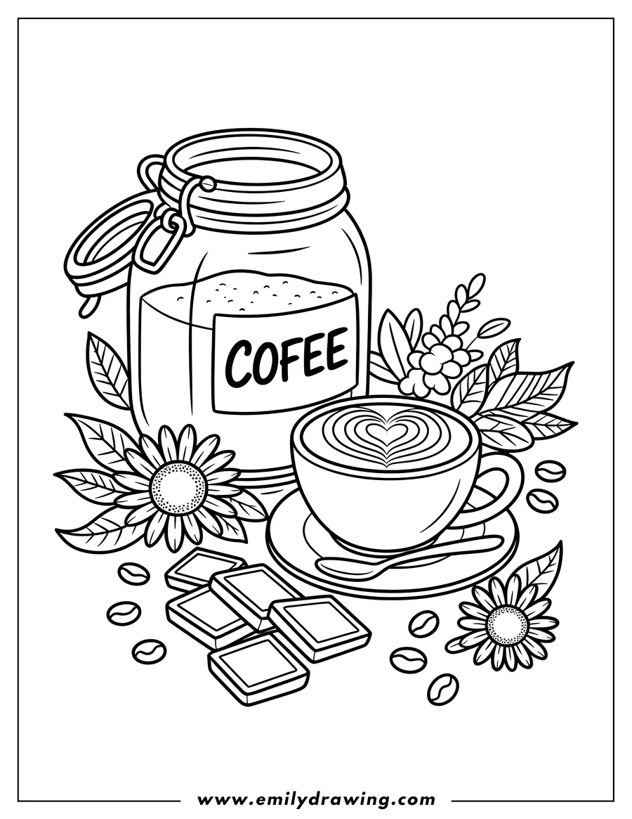 Doodle style coloring picture of latte