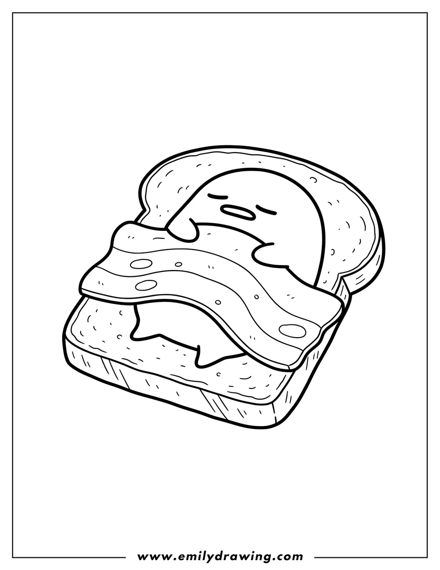 Linear illustration of lazy Gudetama sleeping on its back on a slice of toast with a bacon blanket