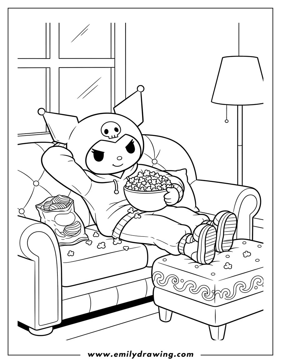 Free printable coloring sheet of lazy Kuromi lounging on a couch, eating popcorn and chips