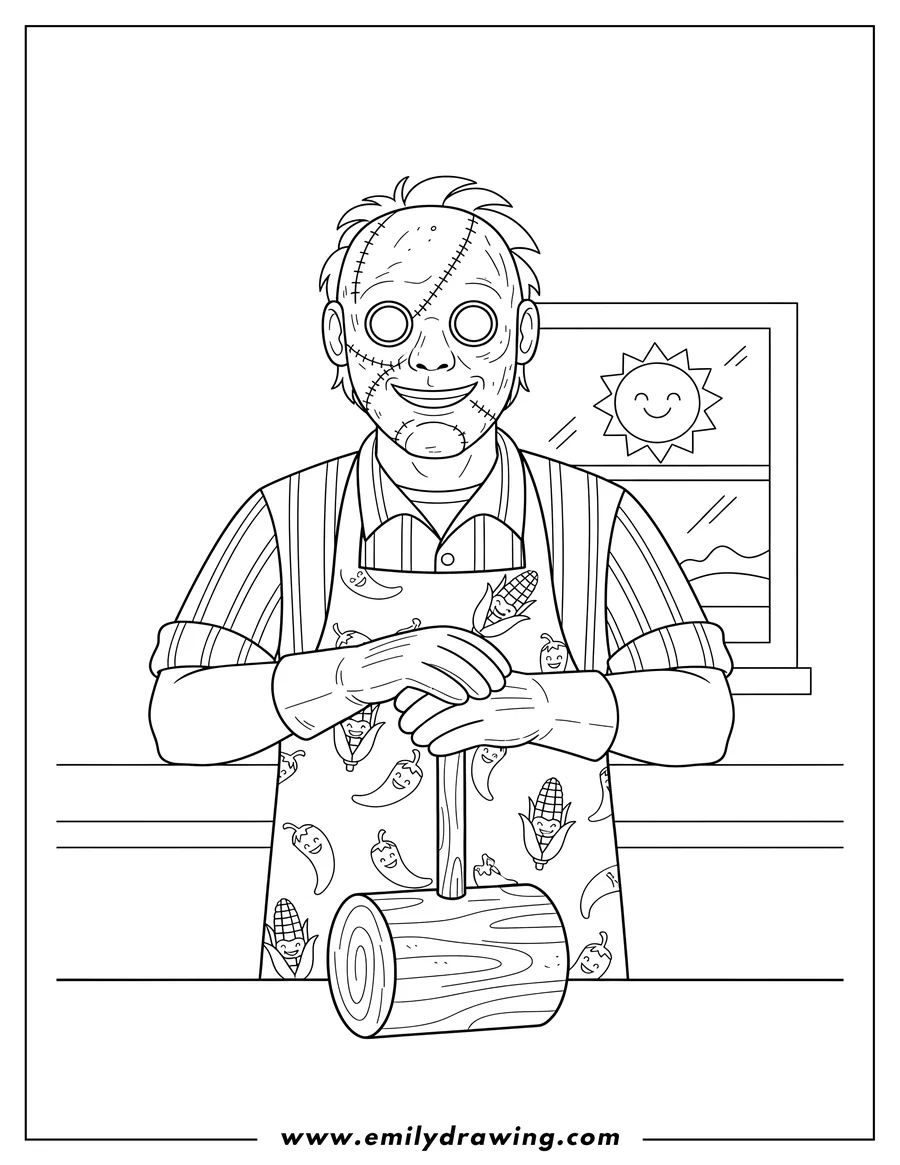 Free printable coloring sheet of leatherface Horror Character wearing an apron and striped shirt