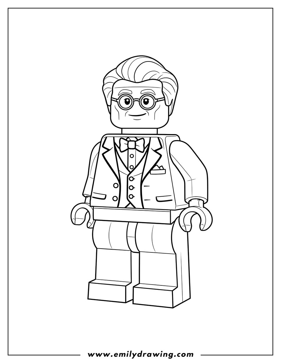 Simple sketch of lego Alfred wearing a suit, vest, and glasses to color