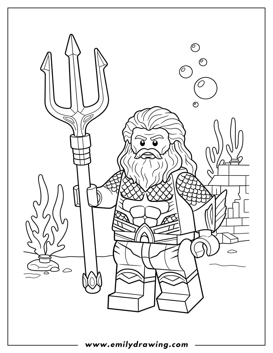 Full page coloring image of lego Aquaman holding a trident