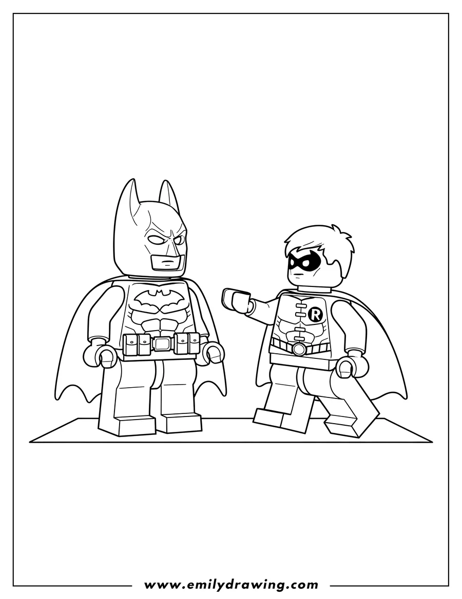 Free printable coloring sheet of lego Batman and Lego Robin facing each other, Robin's arm outstretched