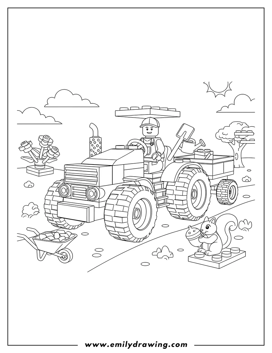 Outline drawing of lego City Park Tractor with minifigure gardening and a squirrel To Color