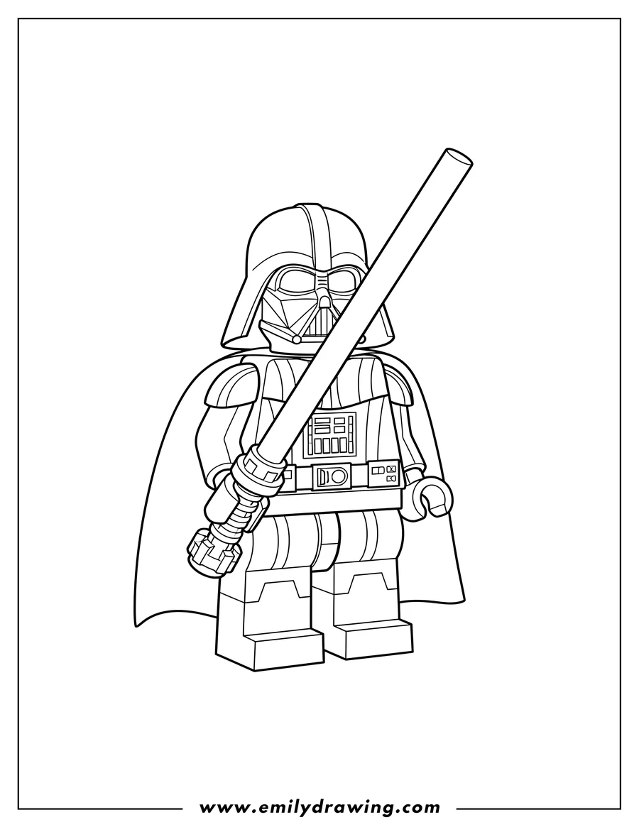 Clean line drawing: lego Darth Vader holding a lightsaber