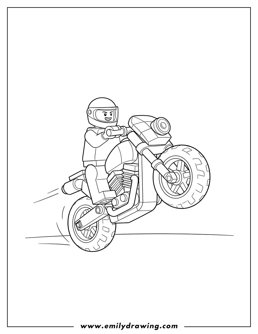 Outline drawing of A Lego motorcycle doing a wheelie, with a helmeted rider