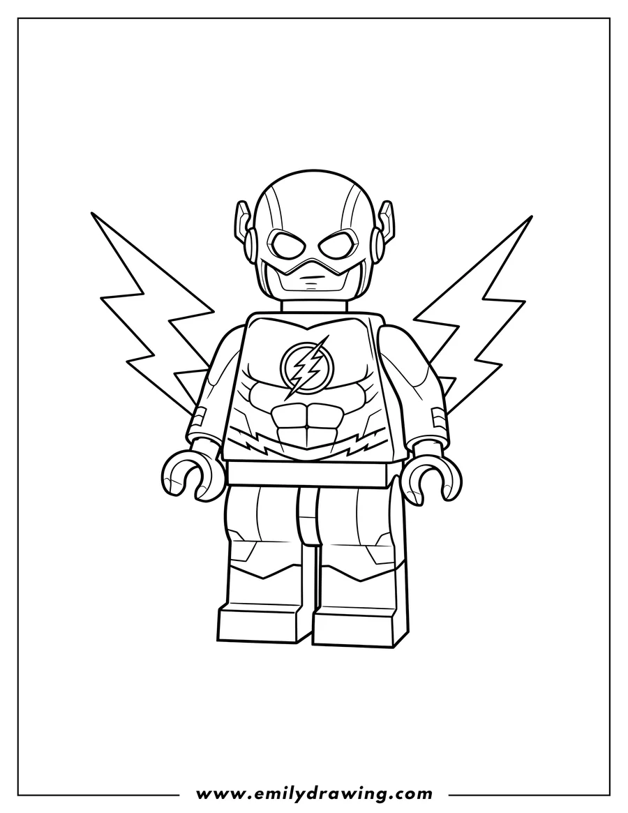 Simple sketch of lego Flash standing with a lightning bolt emblem on his chest to color