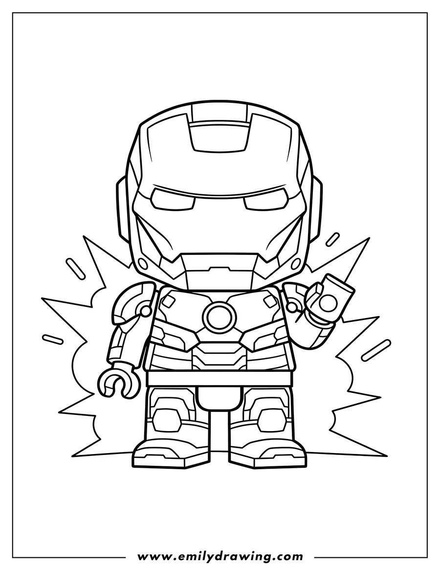 Linear illustration of kawaii Lego Iron Man standing, coloring page
