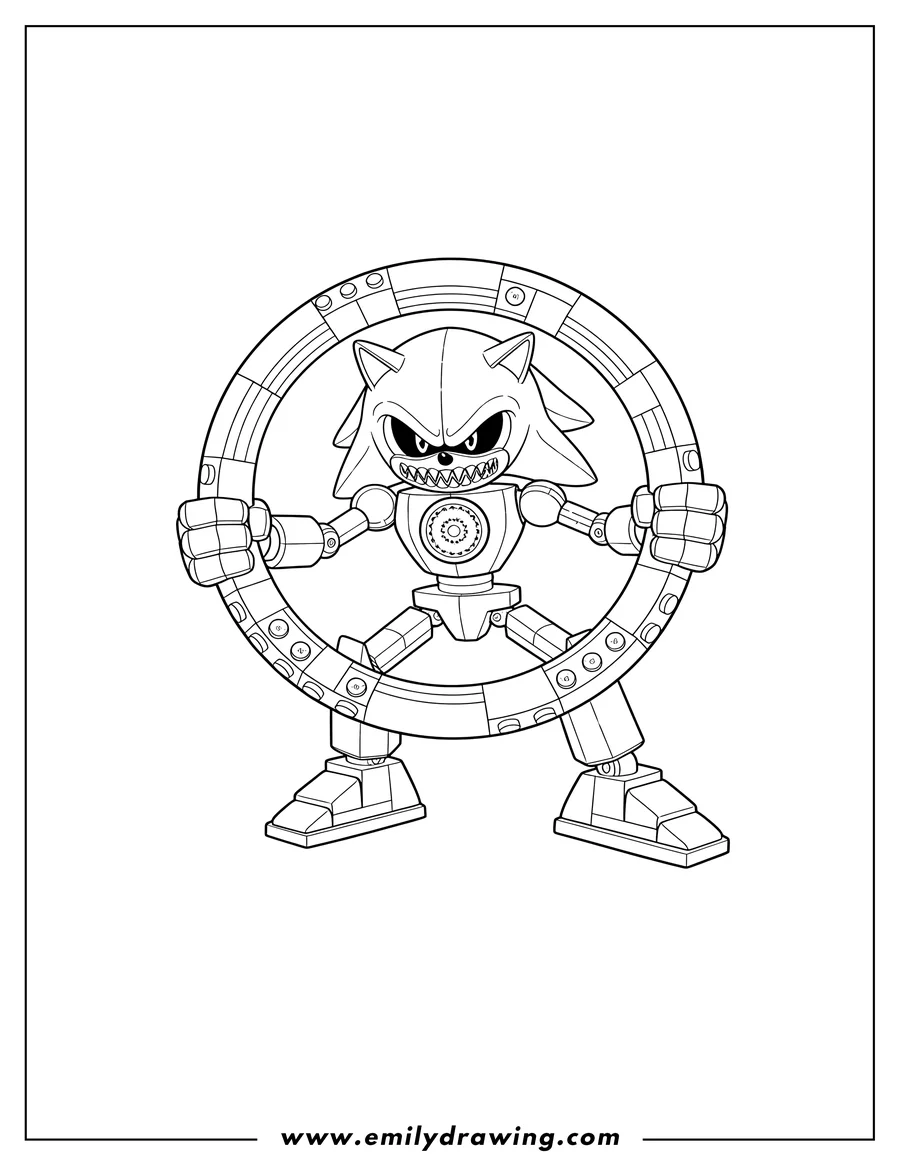 Vector style outline of lego Metal Sonic holding a large gold ring with a fierce expression