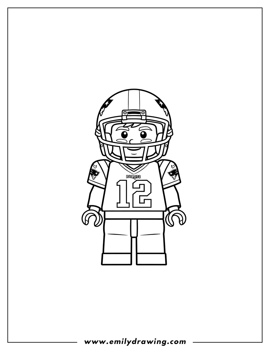 Clean line drawing: A kawaii Lego minifigure of Tom Brady wearing a football helmet and a Patriots uniform with the number 12