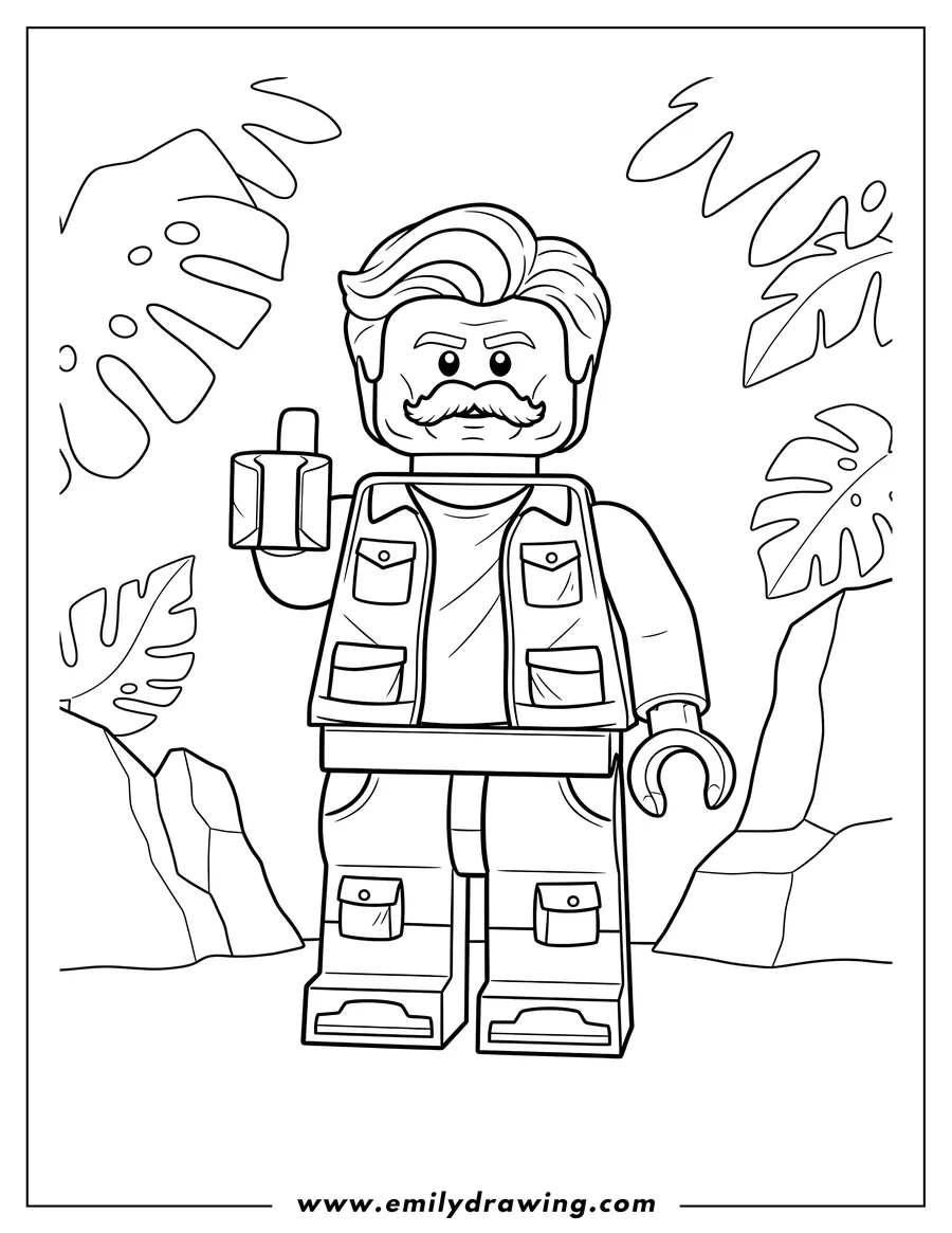 Full page coloring image of lego Owen Grady from Jurassic World with a mustache and a vest, to color