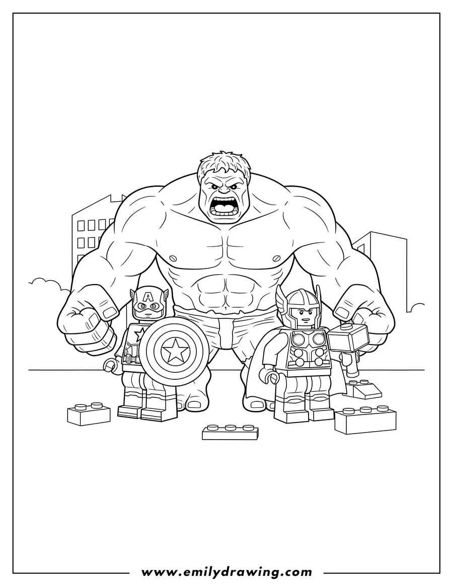 Coloring page for kids: lego Themed Avengers To Color, featuring Hulk, Thor holding Mjolnir, and Captain America holding his shield
