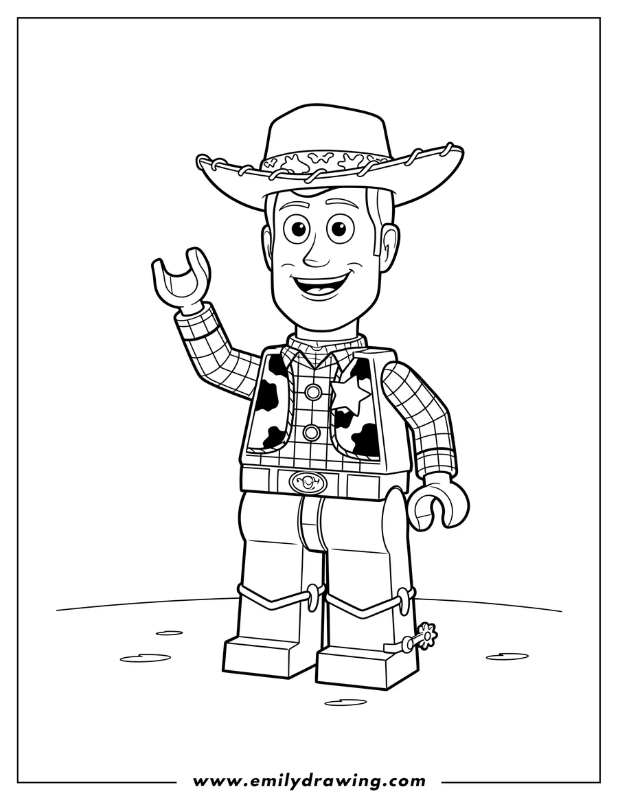 Coloring sheet featuring lego Woody From Toy Story, wearing his cowboy hat, standing and waving