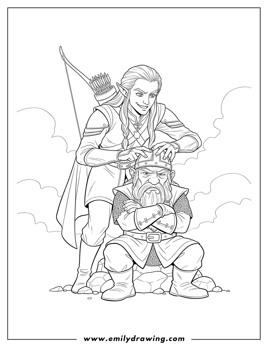 Free to print drawing of legolas leaning over a grumpy Gimli, teasing him