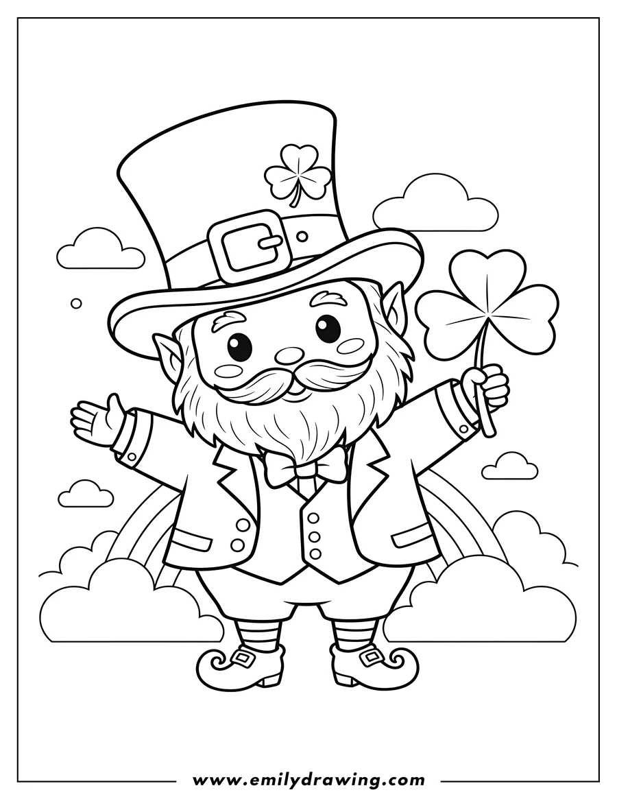 Downloadable coloring page of kawaii Leprechaun holding a shamrock, with open arms