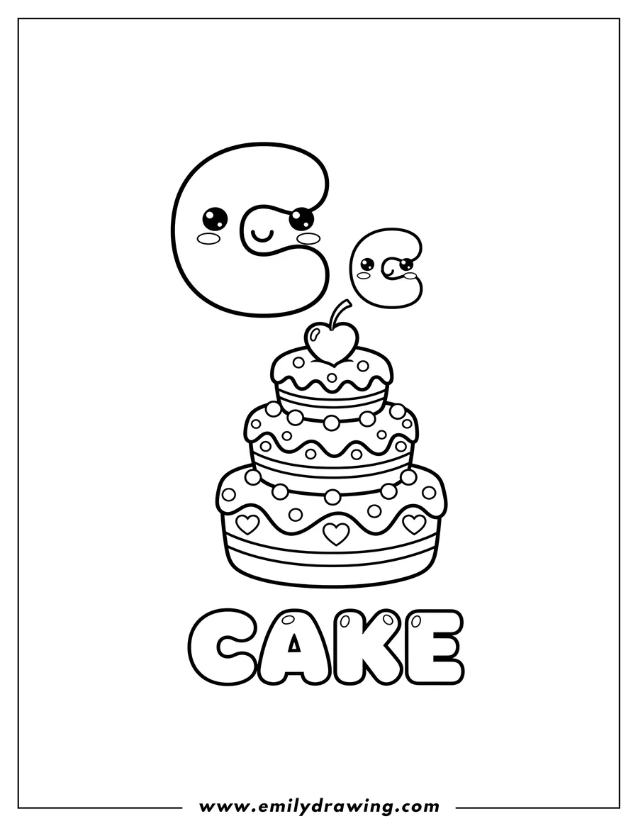 Doodle style coloring picture of kawaii letter C (uppercase and lowercase), a cake decorated with hearts, and the word 'CAKE' below
