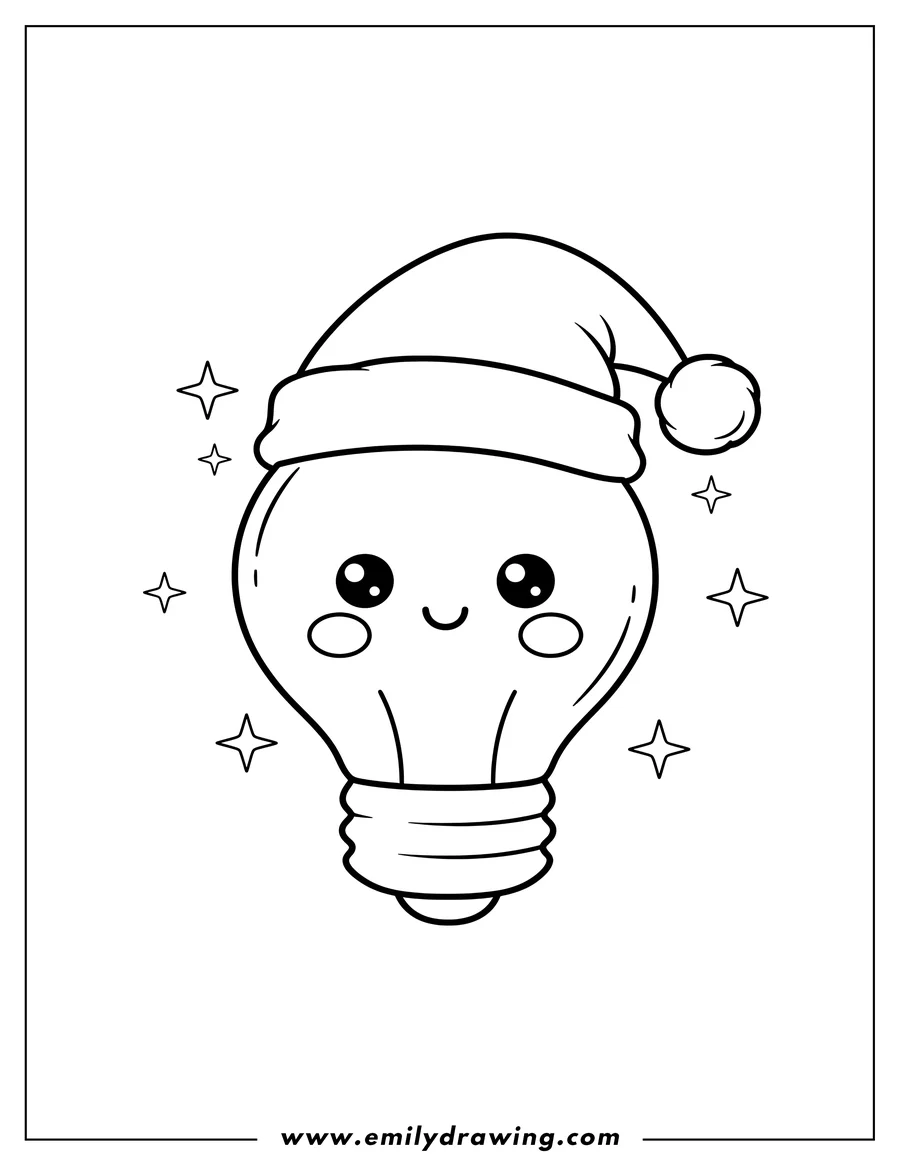 Clean line drawing: easy Kawaii Christmas Light with Santa Hat, smiling face, rosy cheeks, and sparkles, for preschoolers