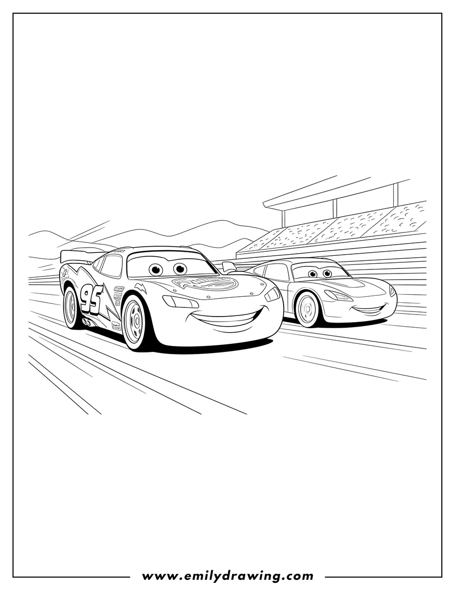 Free printable coloring sheet of pixar Cars Movie Scaled, Lightning McQueen and another race car racing side-by-side on a track