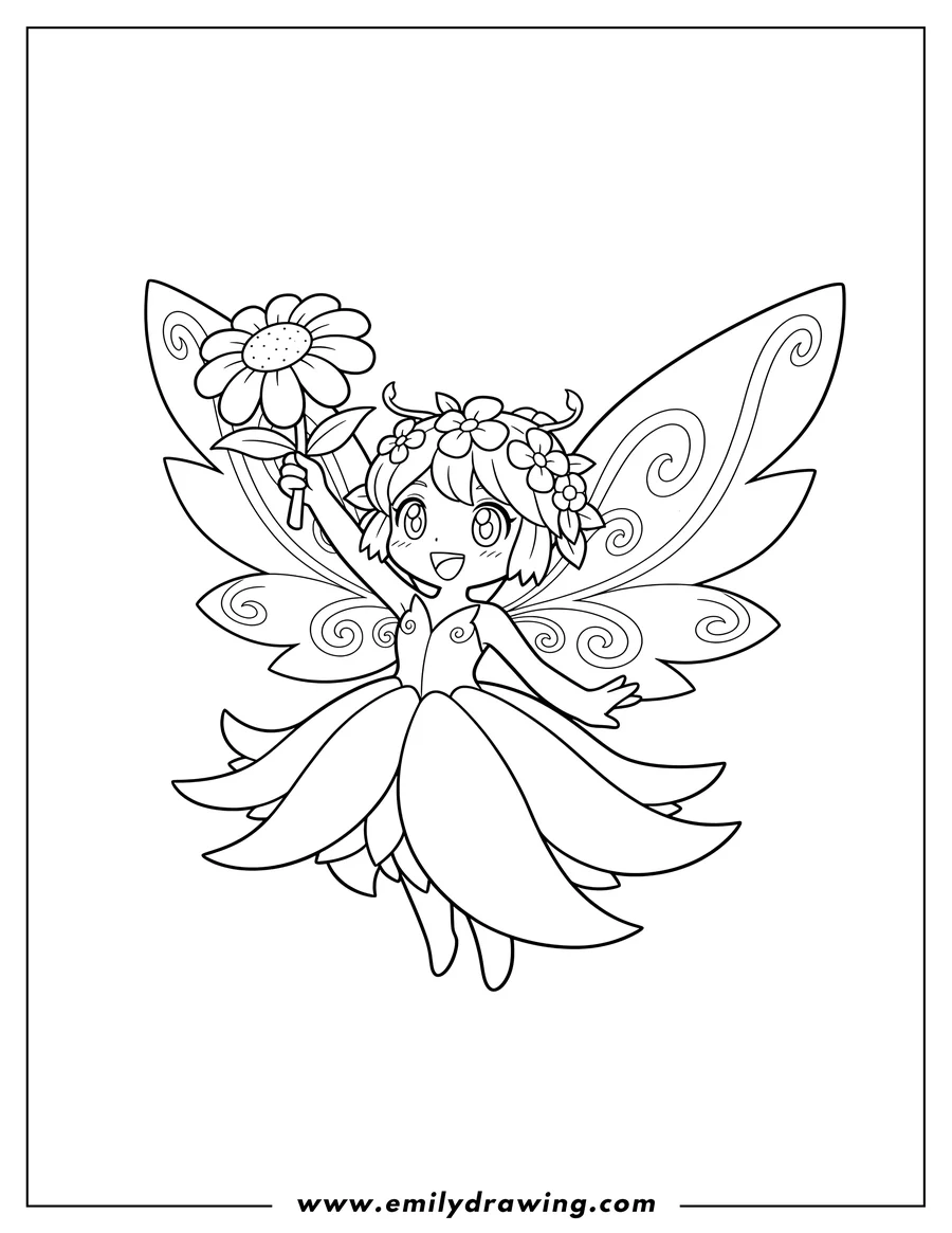 Doodle style coloring picture of kawaii Lilimon Smiling, with large leaf wings and a raised arm holding a flower