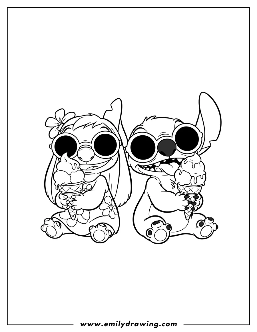 Full page coloring image of lilo and Stitch in sunglasses eating ice cream cones, Stitch with his tongue out